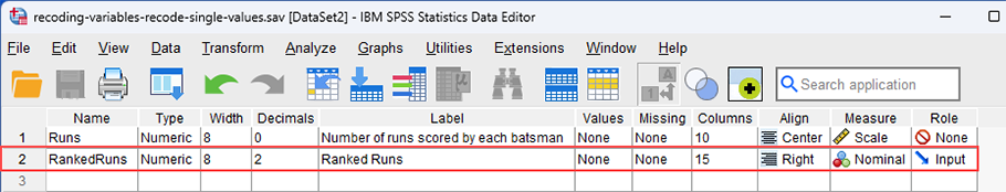 variable view with new 'ordinal' recoded variable 'RankedRuns' highlighted