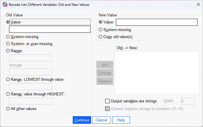 'recode into different variables: old and new values' dialogue box displayed