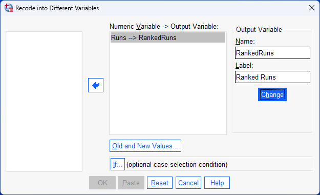 new variable, 'RankedRuns', named and labelled in 'recode into different variables' dialogue box