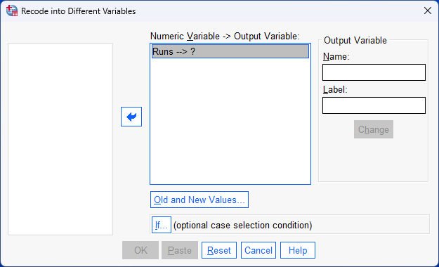 runs transferred in 'recode into different variables' dialogue box