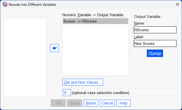 new variable, 'RankedRuns', named and labelled in 'recode into different variables' dialogue box