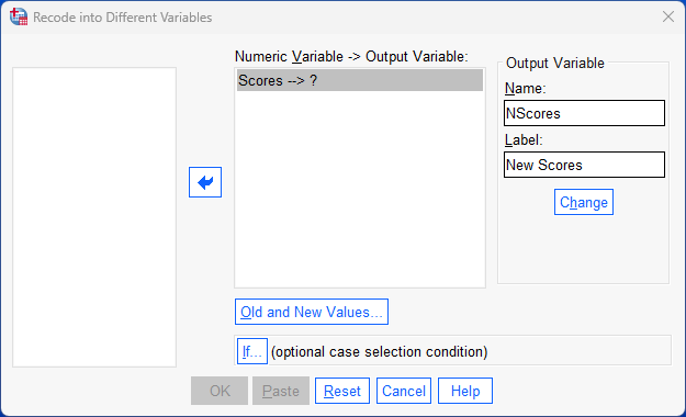 Scores named and labels in 'recode into different variables' dialogue box
