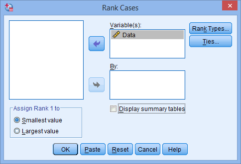 'Rank Cases' dialogue box to rank data in SPSS Statistics. Variable 'Data' transferred into 'Variable(s)' box