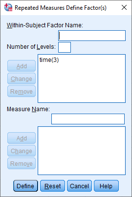 'Repeated Measures Define Factor(s)' dialogue box. One-way repeated measures ANOVA in SPSS. 'time(3)' added