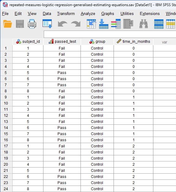 data view showing 'subject_id', 'passed_test', 'group', 'time_in_months'