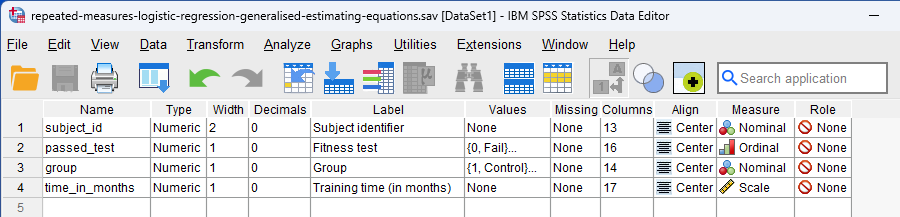 variable view showing 'subject_id', 'passed_test', 'group', 'time_in_months'