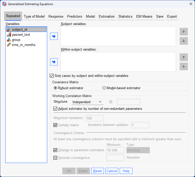 'Generalized Estimating Equations' dialogue box in SPSS Statistics. All variables displayed on the left