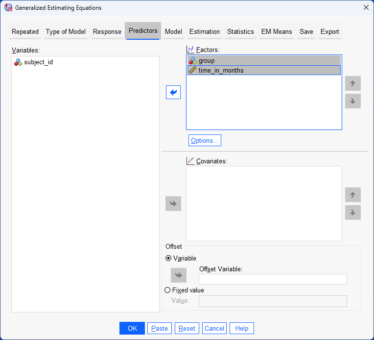 Both factors, 'group' and 'time_in_months' transferred into the top right-hand side box, 'factors'