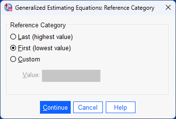 Reference category changed to 'first (lowest value)' in 'Generalized Estimating Equations: Reference Category' dialogue box