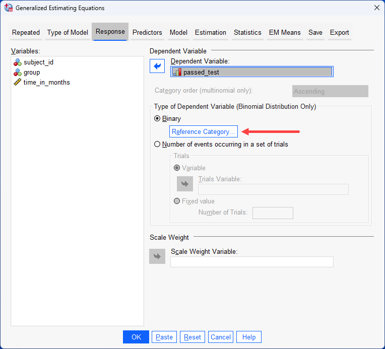 'Reference Category' button is highlighted on the right under the 'Binary' option