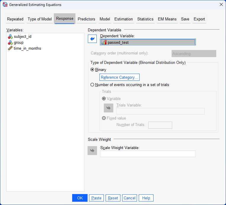 dependent variable 'passed_test' transferred on the right