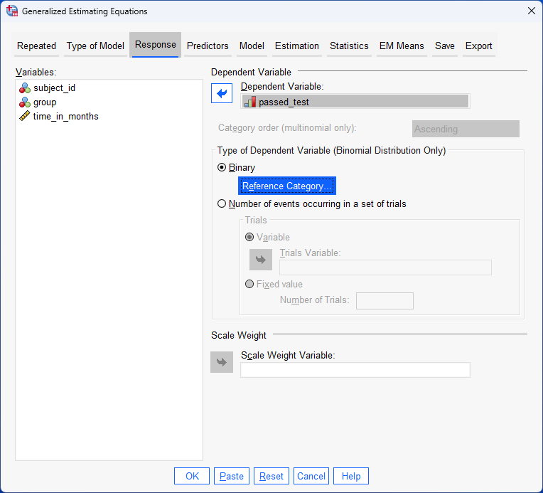 'Response' tab in 'Generalized Estimating Equations' dialogue box with options in 'Reference Category' dialogue box now selected