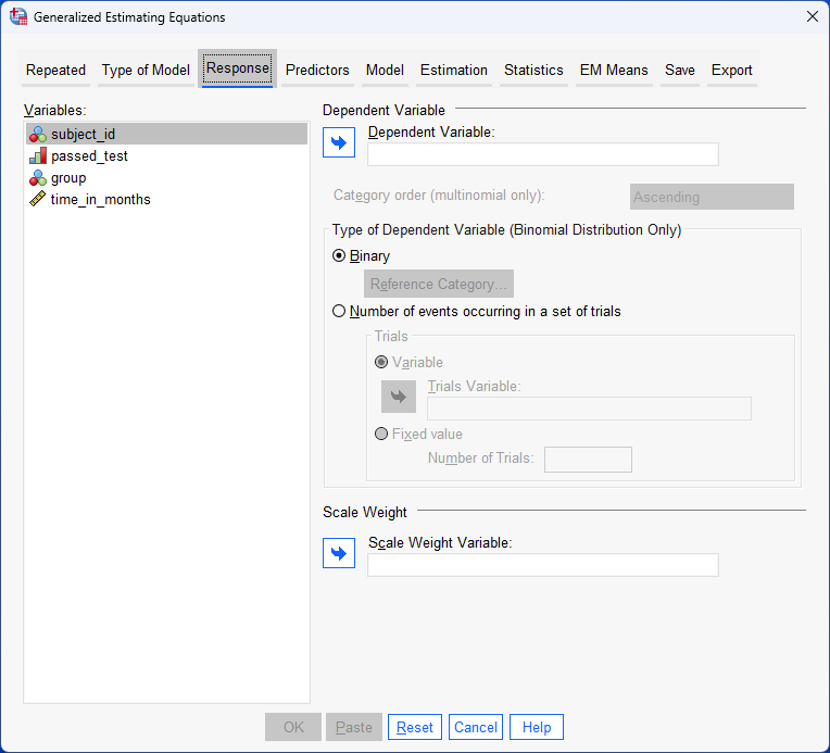 'Response' tab in 'Generalized Estimating Equations' dialogue box selected