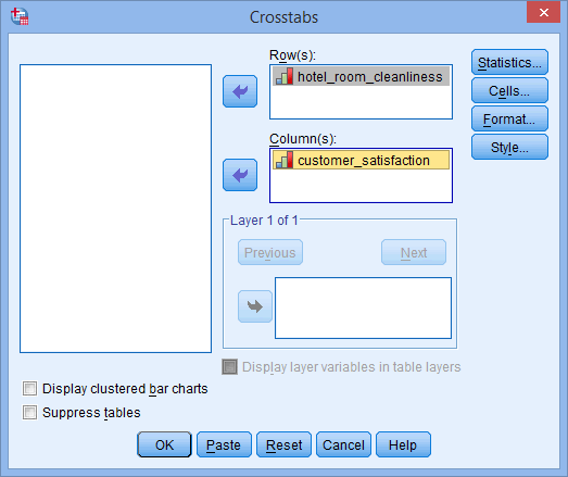 'Crosstabs' dialogue box. Somers' d in SPSS. 'customer_satisfaction' & 'hotel_room_cleanliness' transferred to boxes on right