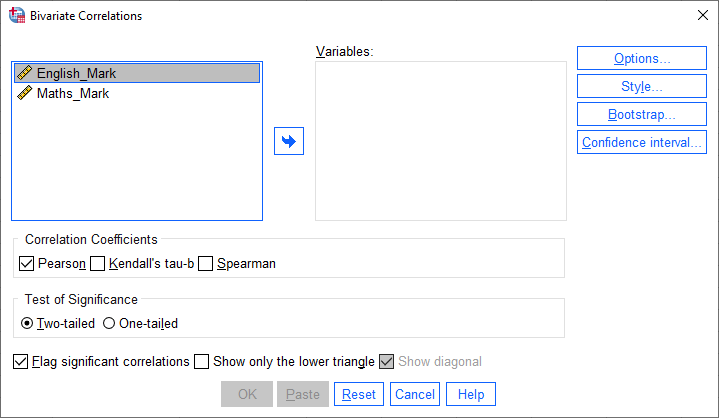 'Bivariate Correlations' dialogue box for Spearman's correlation in SPSS Statistics. Variables 'English mark' & 'Maths mark' on the left