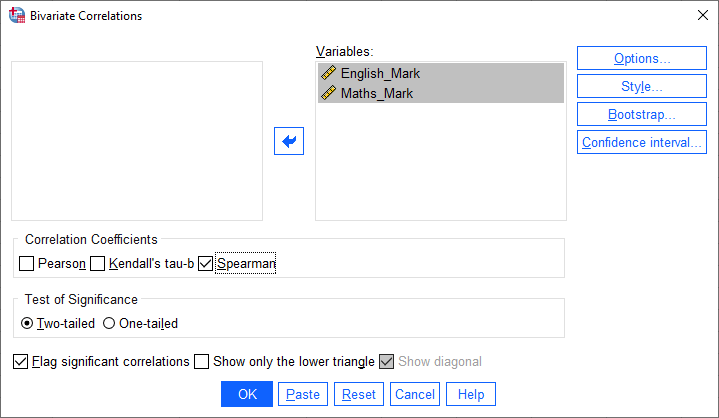 'Bivariate Correlations' dialogue box for Spearman's correlation. 'Spearman' selected in 'Correlation Coefficients' area
