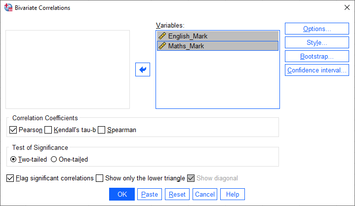 'Bivariate Correlations' dialogue box for Spearman's correlation in SPSS. 'English mark' & 'Maths mark' transferred into 'Variables' box
