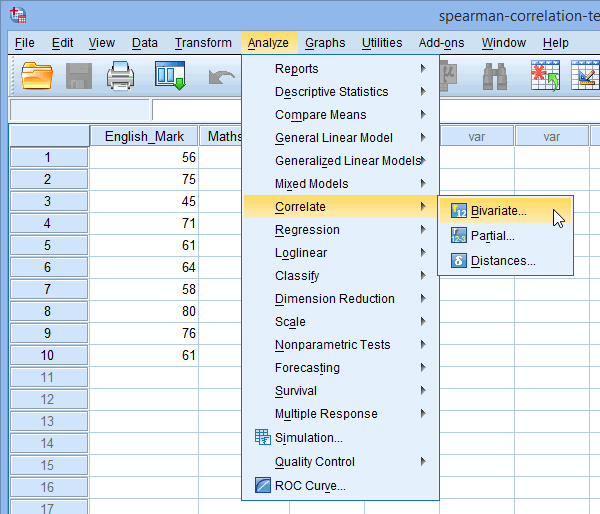 Menu for Spearman's rank-order correlation in SPSS Statistics