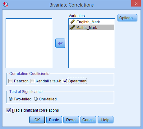 'Bivariate Correlations' dialogue box for Spearman's rank-order correlation in SPSS Statistics. 'Spearman' option selected