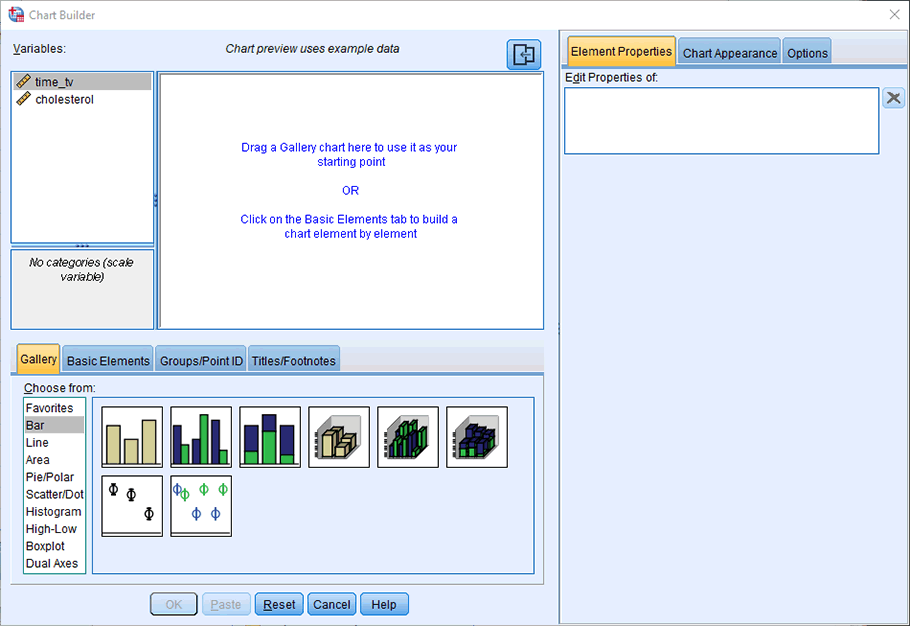 'Chart Builder' dialogue box for a simple scatterplot in SPSS Statistics