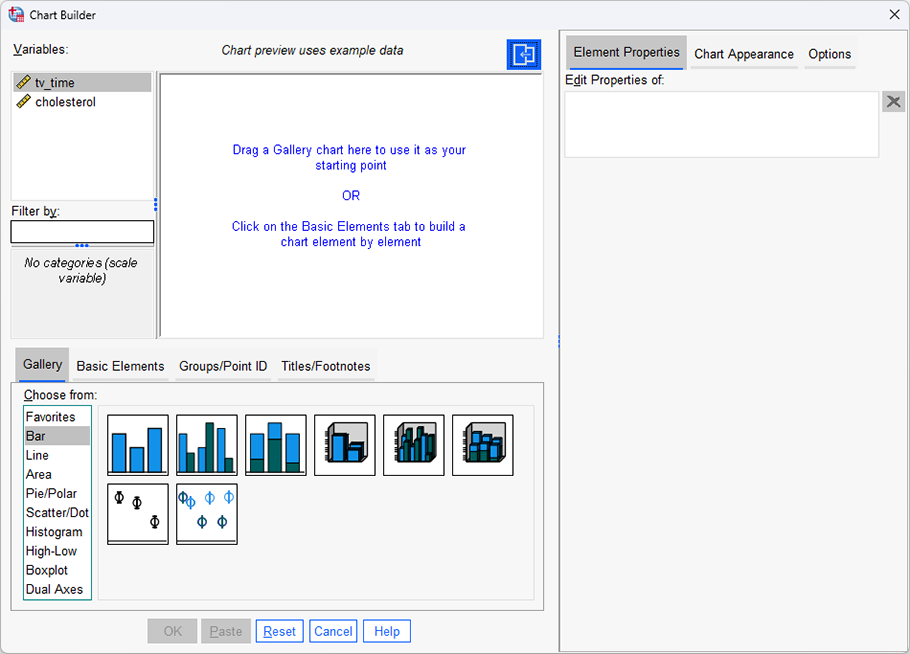 'Chart Builder' dialogue box for a simple scatterplot in SPSS Statistics