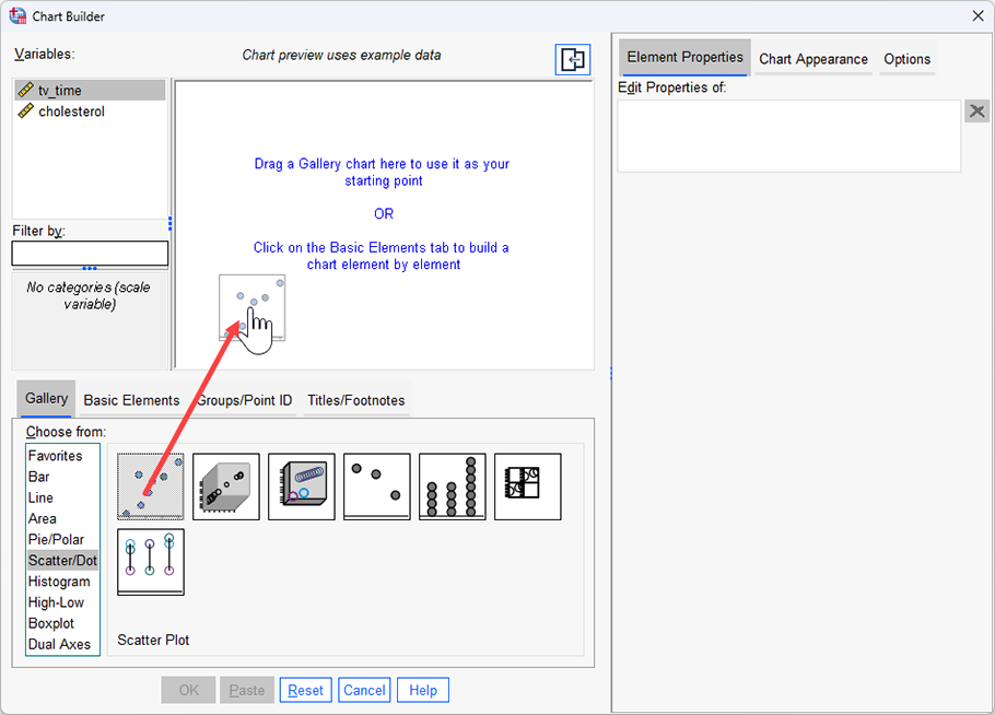 7 different scatterplot options are presented. The 'Simple Scatter' option is dragged into the 'Chart Preview' box at the top