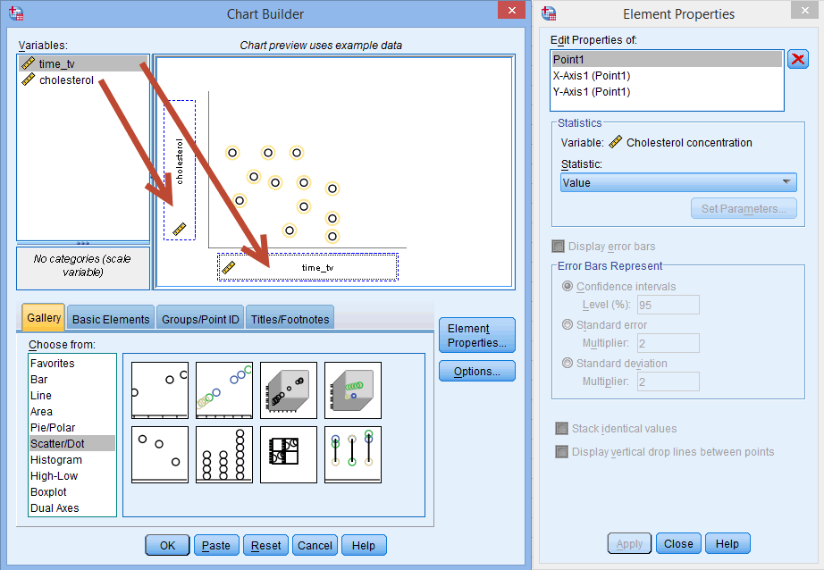 The 'Chart Preview' changes to reflect the variables you have entered into the a-axis and y-axis of your simple scatterplot