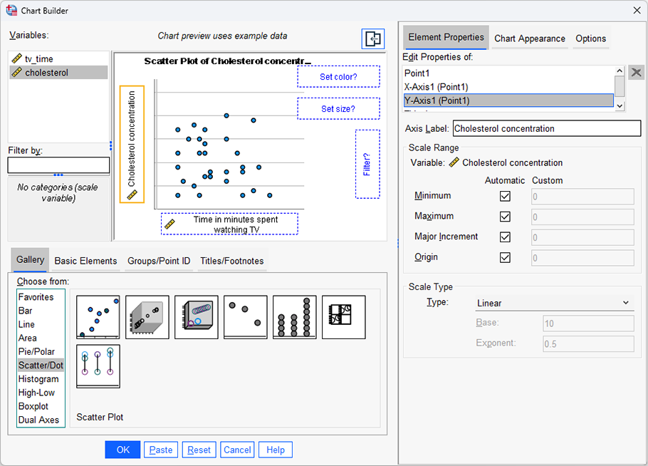 The 'Element Properties' dialogue box provides further options to edit your simple scatterplot