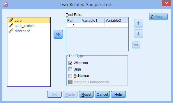 'Two-Related-Samples Test' dialogue box for the sign test in SPSS. Variables 'carb', 'carb_protein' & 'difference' on left