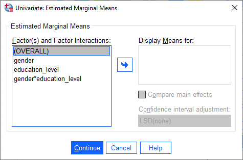 Two-way ANOVA Estimated Marginal Means Dialogue Box