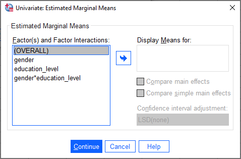 Two-way ANOVA Estimated Marginal Means Dialogue Box