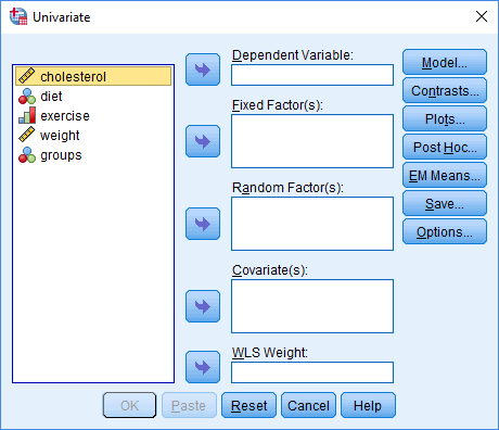Univariate dialogue box for the two-way ANCOVA