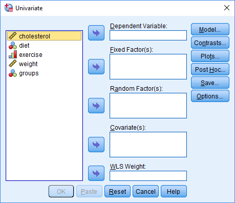 Univariate dialogue box for the two-way ANCOVA