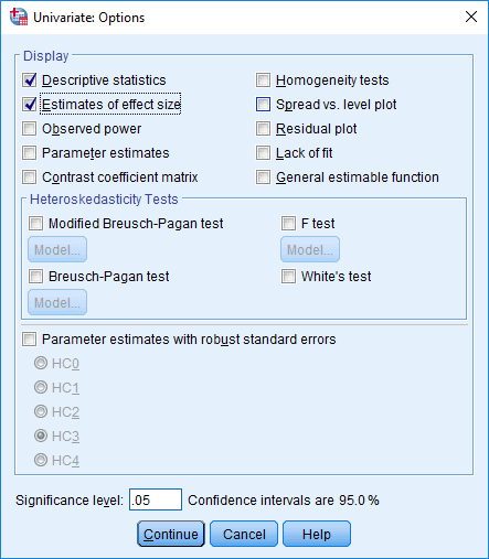 Options selected in the Univariate: Options dialogue box for the two-way ANCOVA