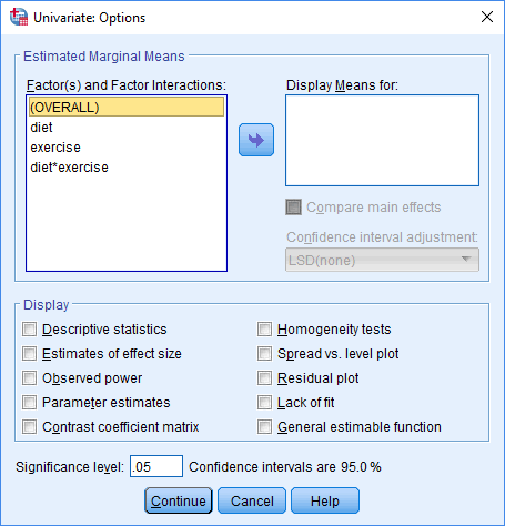 Univariate: Options dialogue box for the two-way ANCOVA