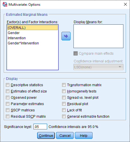 Two-way MANOVA 'Multivariate: Options' dialogue box in SPSS Statistics version 24 and earlier