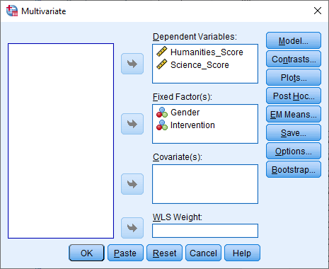 Two-way MANOVA 'Multivariate' dialogue box in SPSS Statistics. Dependent and independent variables transferred