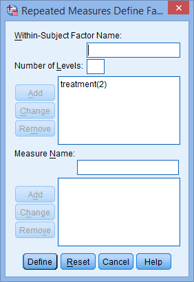 'Repeated Measures Define Factor(s)' dialogue box for the two-way repeated measures ANOVA in SPSS. 'treatment(2)' added