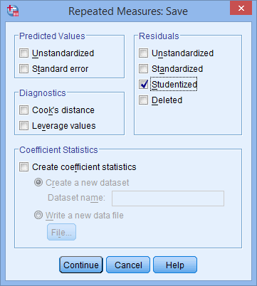 'Repeated Measures: Save' dialogue box. Two-way repeated measures ANOVA in SPSS. 'Studentized' selected in 'Residuals' area