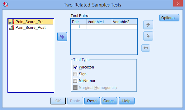 The Wilcoxon Signed-Rank Test Dialog Box