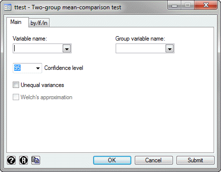 Independent t-test main options box