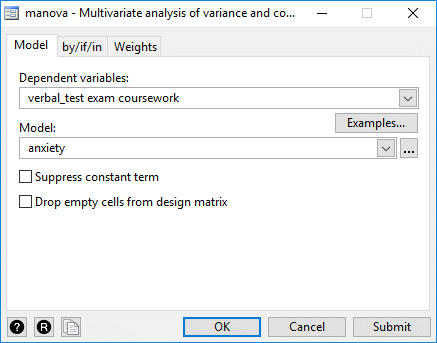 MANOVA dialogue box in Stata with one-way MANOVA example