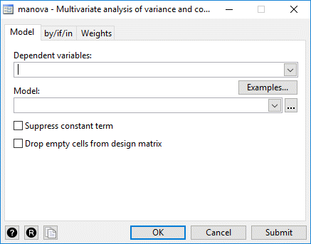 MANOVA dialogue box in Stata