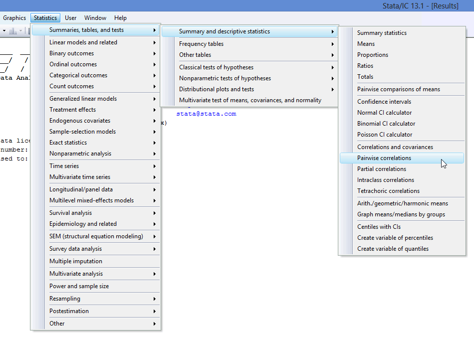 pwcorr stata 15 vs stata 13