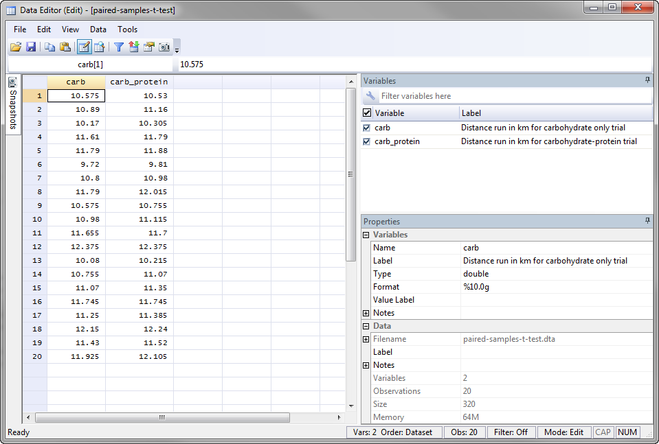 Data editor for the paired t-test in Stata