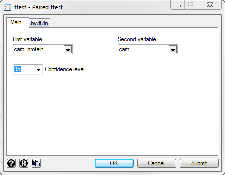 Paired t-test options box with example in Stata 12