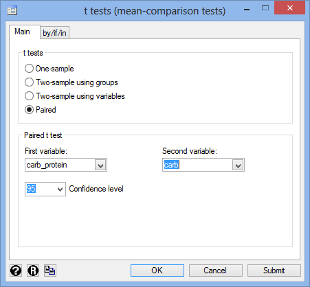 Options with example for the paired t-test in Stata 13