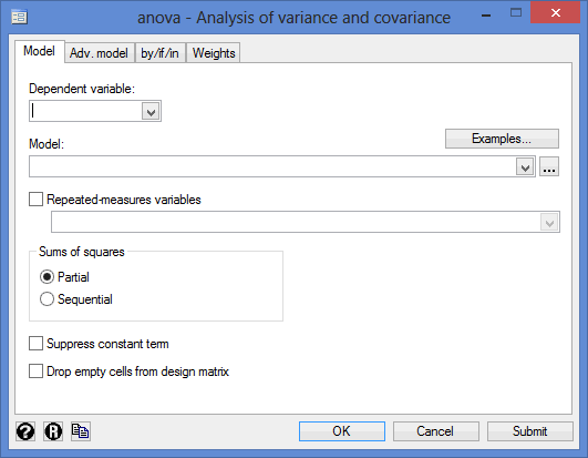 One-way repeated measures ANOVA dialogue box in Stata
